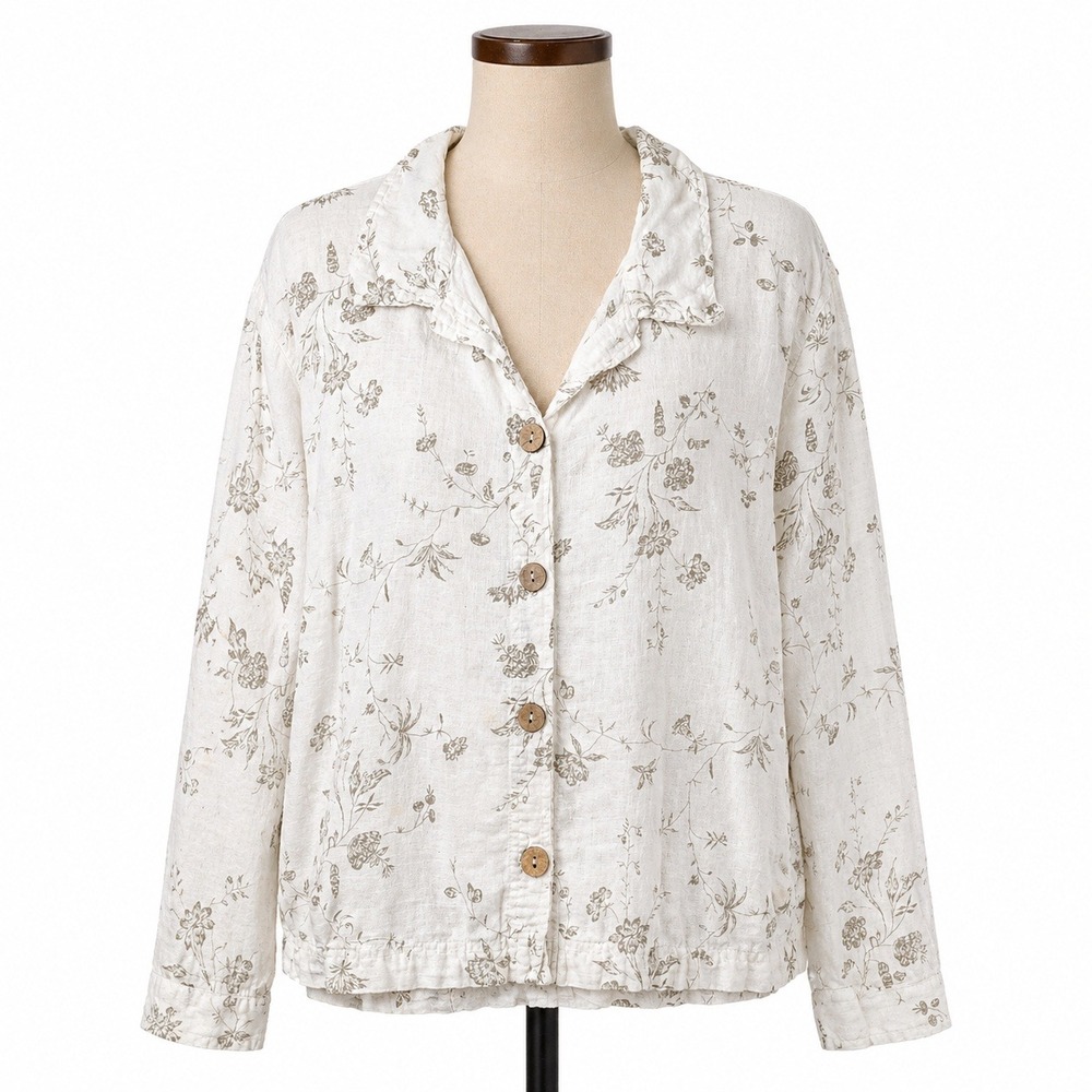 Vintage Floral Linen Long Sleeve Button Top Size L White Coastal Resort Boho